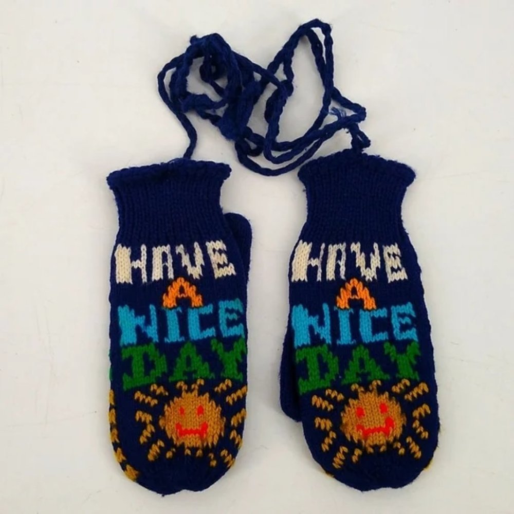 Vintage Childrens Kids Knitted Knit Mittens Have A Nice Sun Day Size 3-6